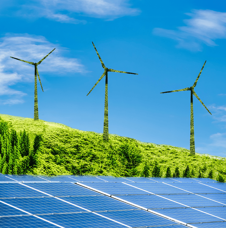 WInd turbines above a field with solar panels.